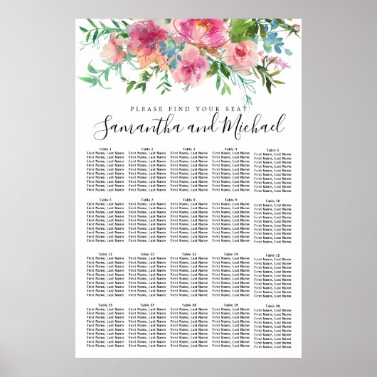 20-Tisch-Hochzeitstabelle für Rosa Peony Floral Poster (Vorne)