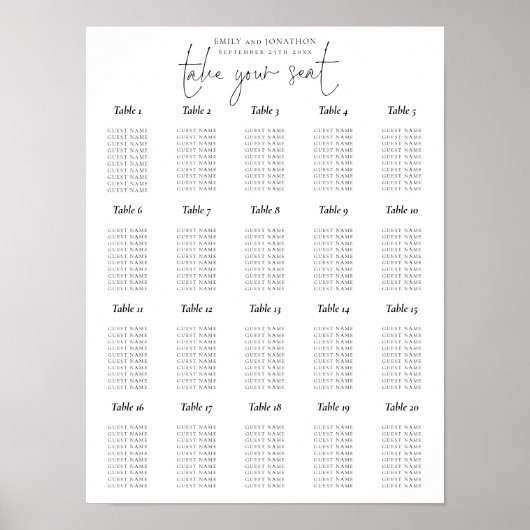 20-Tisch-Skript Schwarz-Weiß-Sitzplan Poster (Vorne)