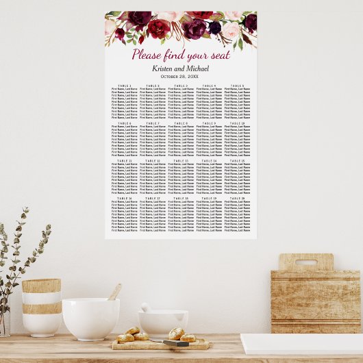 20 Tische Burgundy Blumenzwiebelkarte Poster (Küche)