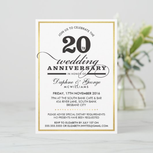 20. WEDDING ANNIVERSARY Klasse stilvolle Gold schw Einladung (Stehend Vorderseite)