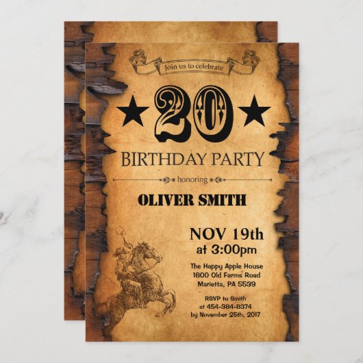20. Western Geburtstag Einladung (Vorne/Hinten)
