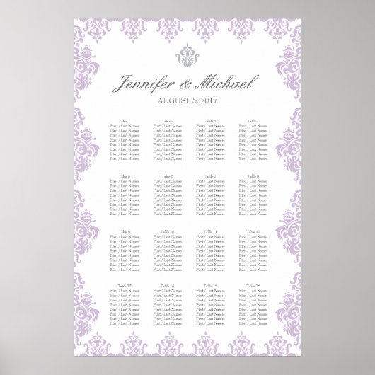 20" x 30" Damask Wedding Seating Chart (16 Tische) Poster (Vorne)