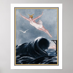 20er Jahre. Art Deco "Fliegen über die Wellen" Poster