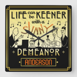 20s Retro Art Deco Sunny Demeanor Custom Name Quadratische Wanduhr