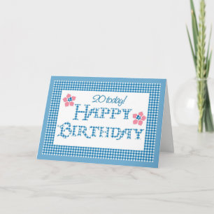 20th Birthday, Blue Check Gingham Pattern Karte