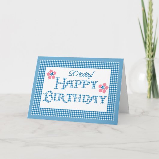 20th Birthday, Blue Check Gingham Pattern Karte (Vorderseite)