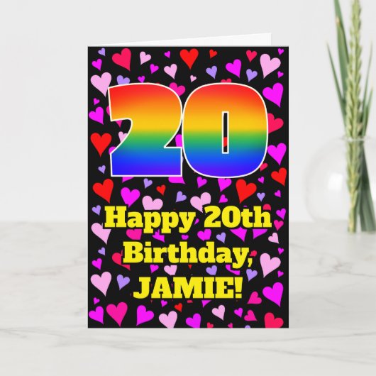 20th Birthday: Loving Hearts Pattern, Rainbow # 20 Karte (Vorderseite)