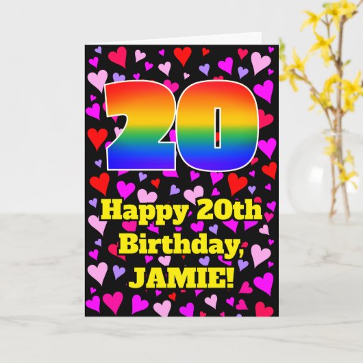 20th Birthday: Loving Hearts Pattern, Rainbow # 20 Karte (Gelbe Blume)