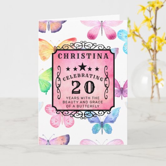 20th Birthday Pink Watercolor Butterfly Karte (Gelbe Blume)