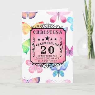 20th Birthday Pink Watercolor Butterfly Karte