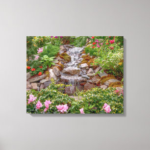 20x16 Wasserfall mit Frühlingsblumen Leinwanddruck
