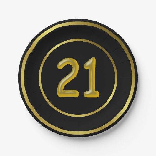 21 21 Geburtstag, Schwarz und Gold Pappteller (Vorderseite)