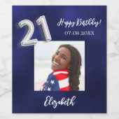 21. Birthday Marine blaues Foto Weinetikett (Einzelnes Label)