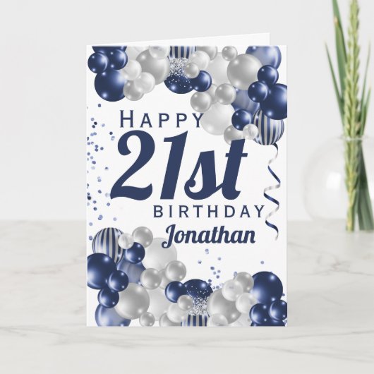 21. Birthday Navy Blue Balloons Karte (Vorderseite)