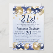 21. Birthday Navy Gold Balloons Party Einladung (Vorderseite)