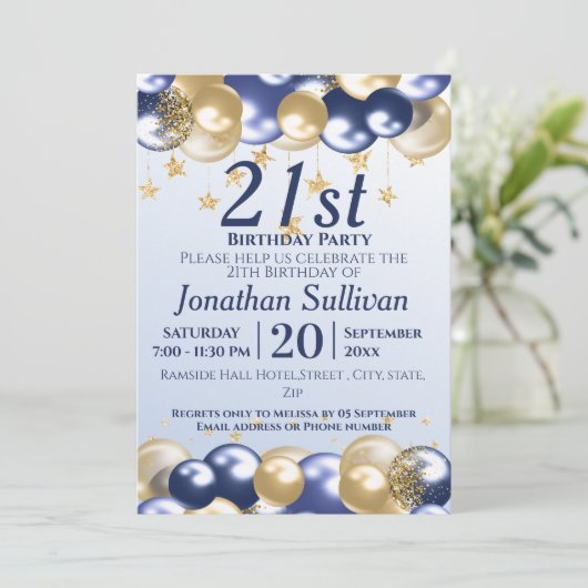 21. Birthday Navy Gold Balloons Party Einladung (Stehend Vorderseite)