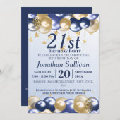 21. Birthday Navy Gold Balloons Party Einladung (Vorne/Hinten)
