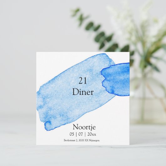 21 Diner uitnodiging moderne verfstrepen blauw (Stehend Vorderseite)
