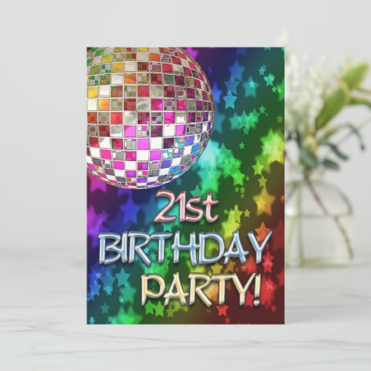 21. Einladung mit Disco Ball und Regenbogenstars (Stehend Vorderseite)