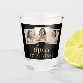 21. Geburtstag 3-Foto Black Gold Script Cheers Schnapsglas