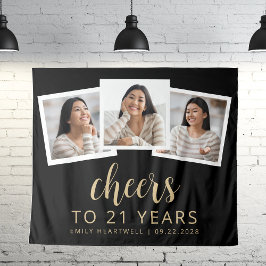 21. Geburtstag 3-Foto Gold Script Cheers Black Wandteppich