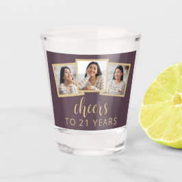 21. Geburtstag 3-Foto Mauve Lila Script Cheers Schnapsglas