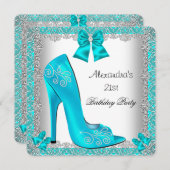 21. Geburtstag Aquamarin High Heel Schuhschuh Silb Einladung (Vorne/Hinten)