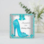21. Geburtstag Aquamarin High Heel Schuhschuh Silb Einladung (Stehend Vorderseite)