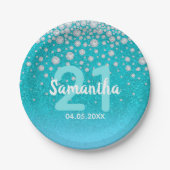 21. Geburtstag aquamariner blauer Glitzer Pappteller (Vorderseite)
