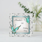 21. Geburtstag Aquamariner Blumenschmetterling Sil Einladung (Stehend Vorderseite)