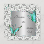 21. Geburtstag Aquamariner Blumenschmetterling Sil Einladung (Vorne/Hinten)