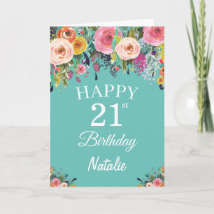 21. Geburtstag Aquarell Blumen Teal Karte