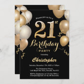21. Geburtstag Black and Gold Balloons Confetti Einladung (Vorne/Hinten)
