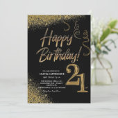 21. Geburtstag Black & Gold Glitzer Moderner Einladung (Stehend Vorderseite)