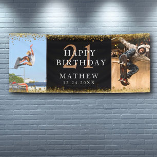 21. Geburtstag Black & Gold Sparkle Party Banner