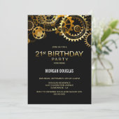 21. Geburtstag Black Gold Steampunk Uhren Gears Einladung (Stehend Vorderseite)