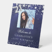 21. Geburtstag blauen Silberstars Foto willkommen Sockelschild (Vorderseite)