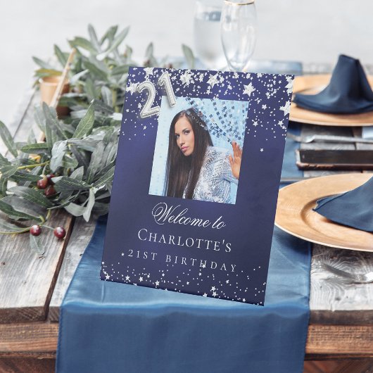 21. Geburtstag blauen Silberstars Foto willkommen Sockelschild