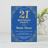 21. Geburtstag Blue and Gold Glitzer Frame Einladung (Stehend Vorderseite)