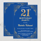 21. Geburtstag Blue and Gold Glitzer Frame Einladung (Vorne/Hinten)