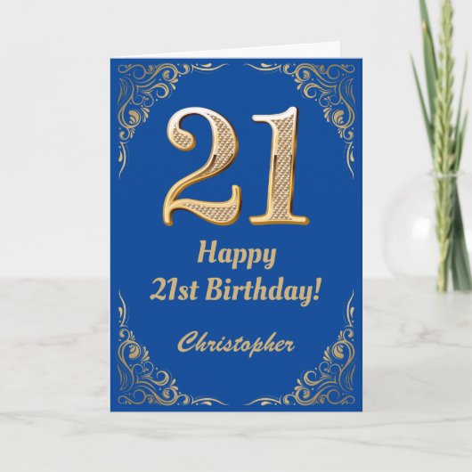21. Geburtstag Blue and Gold Glitzer Frame Karte (Vorderseite)