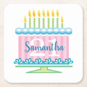 21. Geburtstag Blue Pink Cake Rechteckiger Pappuntersetzer (Vorderseite)