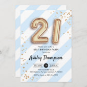 21. Geburtstag - Blue Stripes Gold Ballons Einladung (Vorne/Hinten)