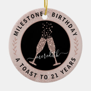 21. Geburtstag Blush Glitzer Champagne Toast Name Keramik Ornament