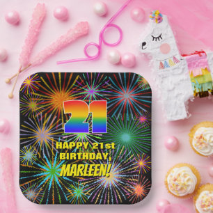 21. Geburtstag: Bunte, lustige feierliche Feuerwer Pappteller