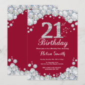21. Geburtstag Burgund Red und Silver Diamond Einladung (Vorne/Hinten)