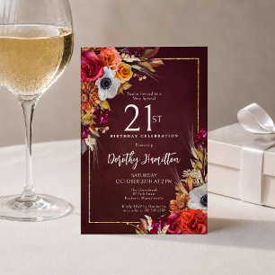 21. Geburtstag Burgunder Herbstblumen Elegantes Sk Einladung