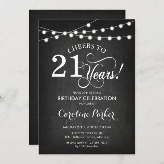 21. Geburtstag - Chalkboard Schwarz-weiß Einladung (Vorne/Hinten)