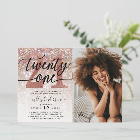 21. Geburtstag Champagne Glitzer Foto Einladung (Stehend Vorderseite)