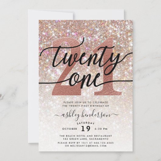 21. Geburtstag Champagner-Glitzer Einladung (Vorderseite)